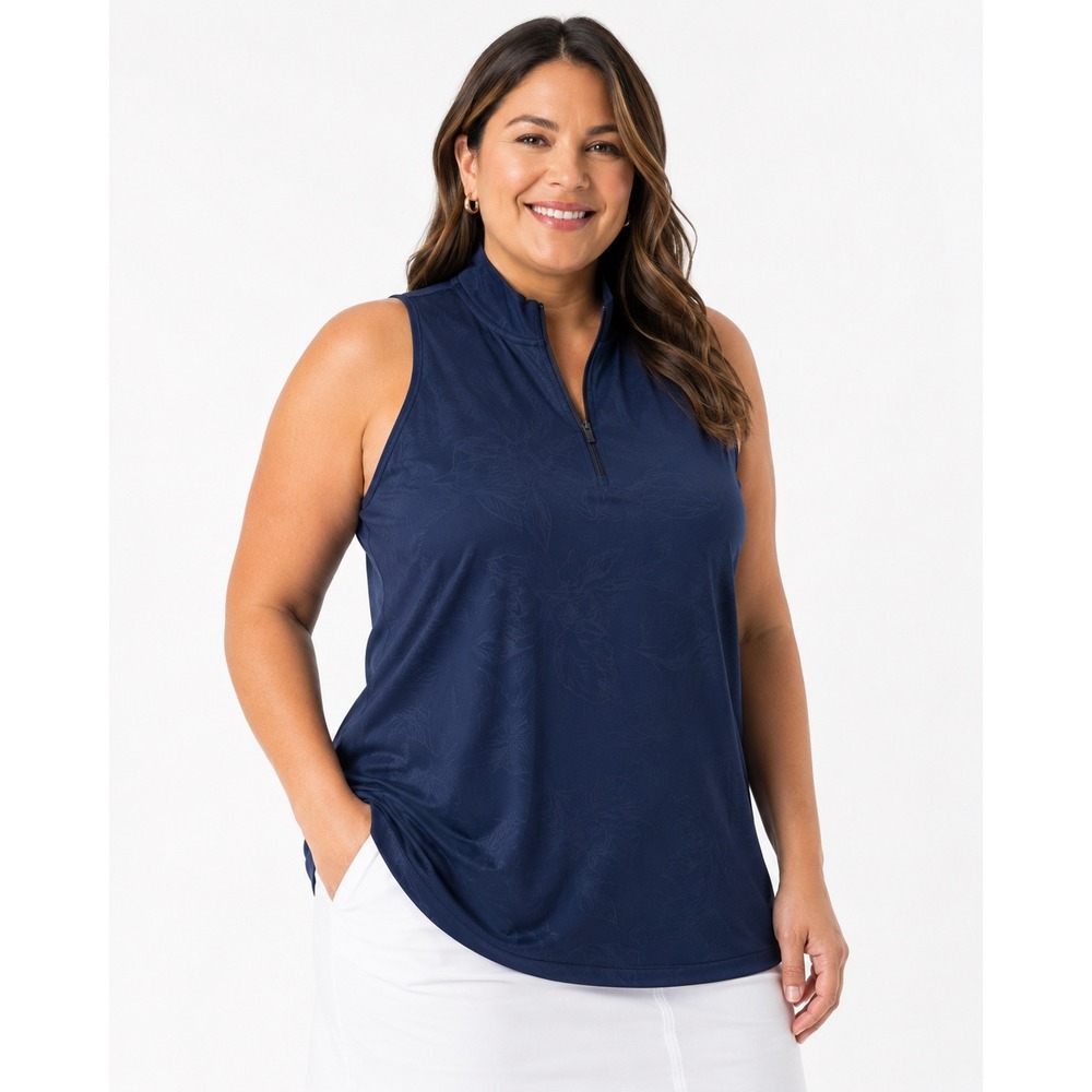 Swannies Golf Nadia Polo Navy Floral Sleeveless Quarter Zip Mock Neck Top Large